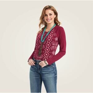 Ariat Western Cowgirl Real Printed Henley Long Sleeve M Burgundy Shirt Rodeo